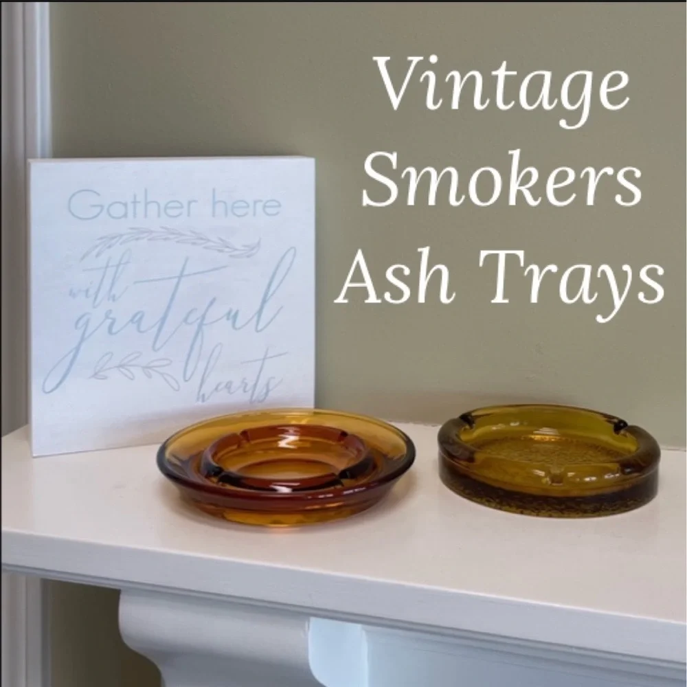Vintage Ashtrays Beautiful Heavyweight Collectors Set 2 Pc Brown Amber Glass